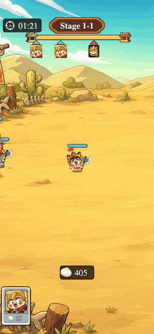 Recorded Meowcut gameplay showing cat generals advancing and fighting through Stage 1-1