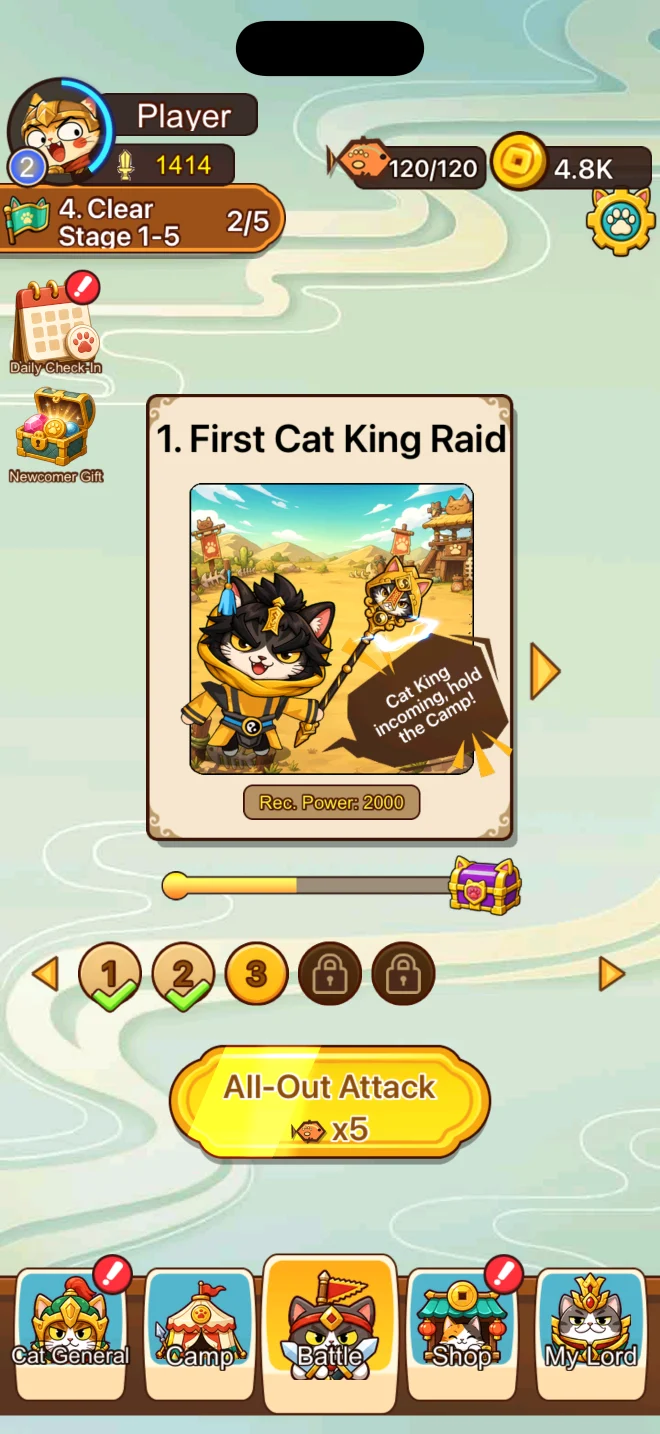 Meowcut stage selection showing the First Cat King Raid campaign