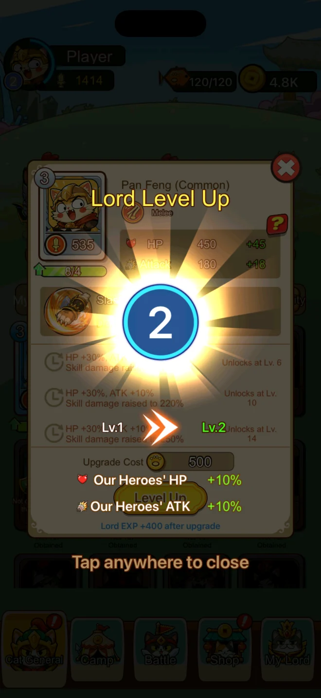 Meowcut Cat General upgrade screen